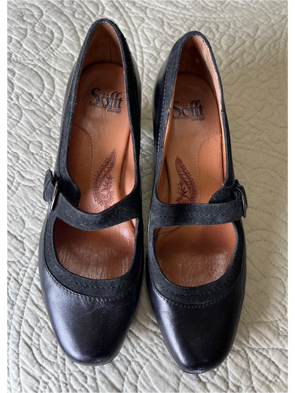 Sofft Black Leather Mary Jane Flats with Suede Strap